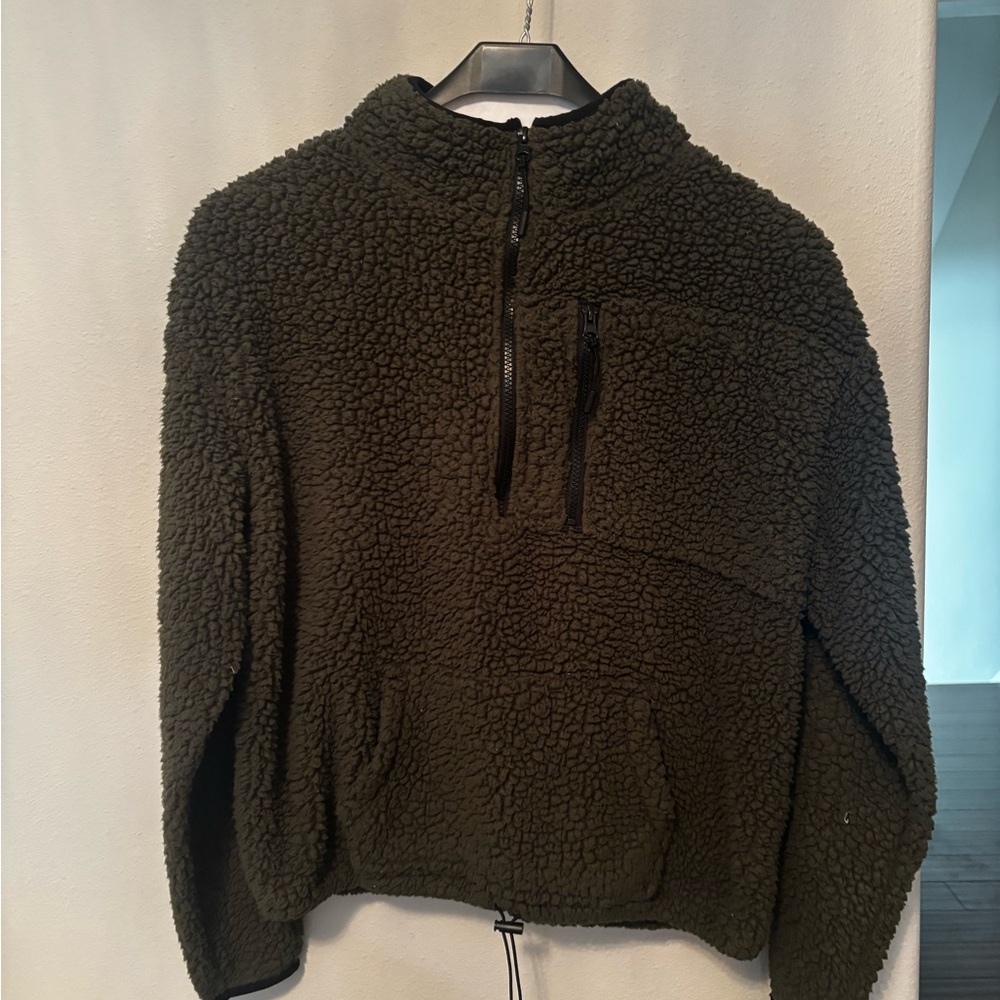 Women's Olive Quarter Zip Sherpa Pullover Sweater